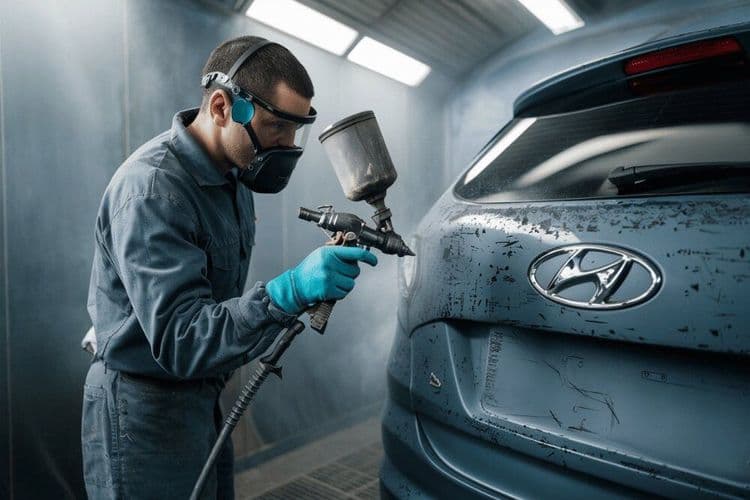 Lackierer führt Fahrzeuglackierung durch