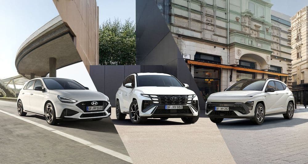 Hyundai i30 N Line, TUCSON N Line und KONA N Line in Weiß.
